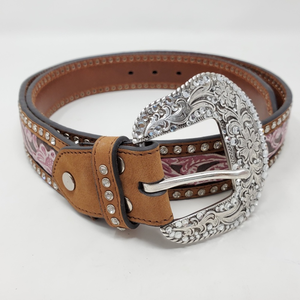 Nocona Genuine Leather Belt Brown Pink Silver
